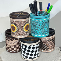 Porte-stylos et porte-crayons rond en cuir véritable, design premium, fait main, style western, pour bureau et maison.