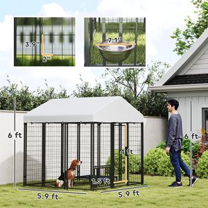Recinto per Cani da Esterno 1,8m x 1,8m x 1,8m con Tetto Girevole e 4 Ciotole Regolabili a 4 Livelli, Materiale Resistente con Struttura a Rete - Product Image 3
