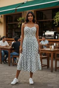 Robe midi à imprimé floral, bretelles spaghetti, col cœur, coupe trapèze, tissée, décontractée, respirante, pour femme, tenue quotidienne d'été - Product Image 3