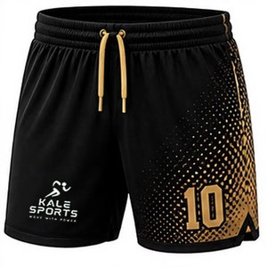 Pantalones Cortos de Fútbol Sublimados en Negro y Dorado de Kale Sports con Cierre de Cordón, Absorción de Humedad, Corte Regular para Adultos - Product Image 1