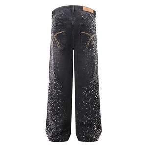 Jean en denim clouté de strass, coupe droite ample, style streetwear, vente en gros, OEM, jean entièrement clouté tendance - Product Image 2