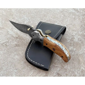Couteau de poche artisanal Burraq en acier Damas, personnalisable OEM, avec manche en bois et étui en cuir – Cadeau d'anniversaire, cadeau pour témoin de mariage - Product Image 3