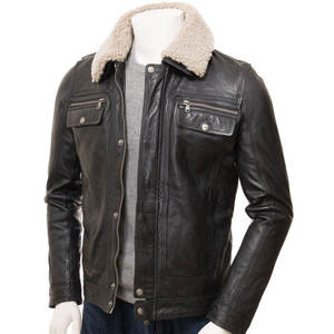Blouson de motard en peau de mouton à capuche pour homme de qualité supérieure, coupe personnalisable, devant en toile, élégant, en cuir véritable avec doublure en fausse fourrure, livraison rapide - Product Image 1