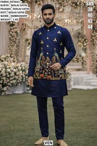Traje Kurta Tradicional para Hombre, Estilo Bandhani Heritage Peacock Malai Satin, de Secado Rápido, Corte Regular, Largo hasta el Suelo, para Bodas y Fiestas - Product Image 2