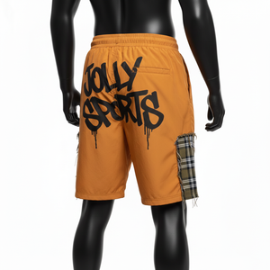 Pantalones cortos cortavientos de poliéster para hombre, color mostaza naranja, paneles laterales a cuadros, estampado serigrafiado, logotipo personalizado, pantalones cortos para hombre - Product Image 5