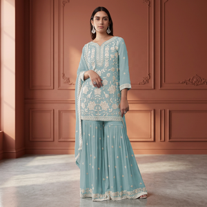 Ensemble Salwar en Georgette Brodé pour Femme, Tenue Traditionnelle Ethnique, Longueur au Sol, Style Indien et Pakistanais, Coupe Classique - Product Image 1