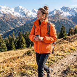 Unisex Orange Color Puffer Jacket Quilted Winter <b>Stand</b> Collar <b>Coat</b> Zip Up Outdoor Streetwear Custom Private Label OEM ODM - Product Image 5