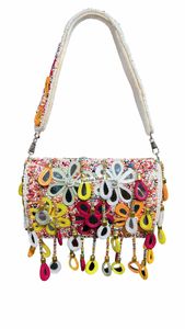 Boho Chic Beaded Shoulder Bag Handcrafted Floral Evening Bag with Fringe Tassel Design - Product Image 3