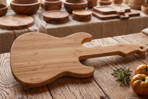 Planche à découper en bois de style moderne en forme de guitare avec rainures pour retenir les jus, idéale pour les fruits, les légumes et l'utilisation en cuisine - Product Image 2