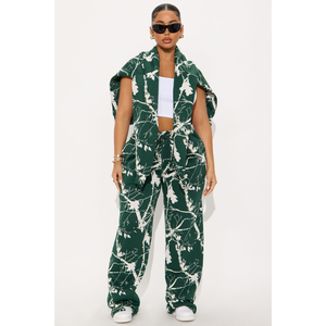 Ensemble sweat-shirt et pantalon pour femme, imprimé floral vert, style streetwear, manches longues, coupe ample, décontracté, tricoté, 2 pièces, 100% coton - Product Image 2