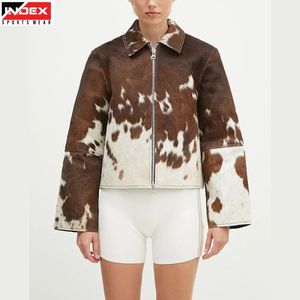 Chaqueta de Cuero Vacuno con Estampado Animal, Cuello Camisero, Corte Corto, Manga Regular, Unisex, Informal, para Otoño - Product Image 1