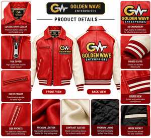 Veste universitaire en cuir véritable Goldenwave Factory personnalisée |   Blouson bomber avec logo brodé |   Manchette côtelée de qualité supérieure et doublure matelassée - Product Image 6