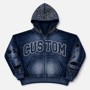 Custom Oversized Distressed & Rhinestone Zipper Hoodie Trendy Style Washed Boxy Fit 100% Cotton Fabric Hoodie For Unisex Wear - Product Image 1