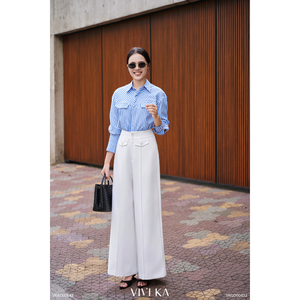 Camisa de Manga Larga a Rayas para Mujer, Verano, Poliéster/Algodón, Cuello Camisero, Manga Convencional, Popelina, Cómoda, KEVA - Product Image 1