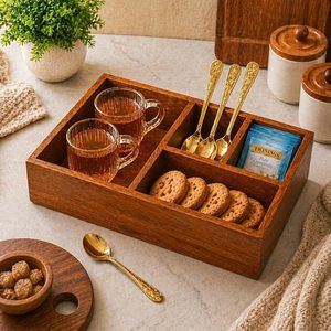 Wood Tea Bag Organizer <b>Box</b> With Handle 6 Compartment Countertop Storage Tray for Coffee Station - Product Image 3