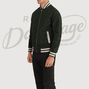 Chaqueta Bomber Varsity de Cuero de Ante Verde Oscuro para Hombre, Ajuste Delgado, Puños Acanalados a Rayas, Estilo Béisbol Casual, Prenda Exterior de Cuero Genuino - Product Image 5