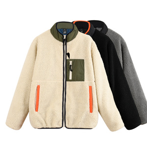 Men's Black <b>Sherpa</b> <b>Fleece</b> Jacket Stand Collar Zip Up Orange Trim Thick Winter Coat - Product Image 4