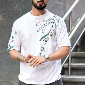 T-shirts de sport décontractés surdimensionnés pour hommes, très demandés, avec logo personnalisé, col rond, imprimés, 100 % coton, écologiques - Product Image 2