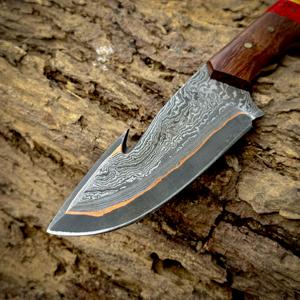 Cuchillo de caza de hoja fija de cobre damasco hecho a mano con gancho para tripas, espiga completa, biselado, ODM OEM, para uso industrial, camping y actividades al aire libre - Product Image 4