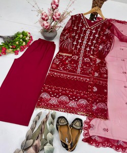 Salwar Kameez brodé rouge avec dupatta, tenue traditionnelle indienne et pakistanaise pour mariage, longueur cheville, pour femme, 71875 KARMA- ST-178 - Product Image 3