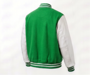 Green <b>White</b> Varsity <b>Jacket</b> <b>Men</b> Casual Zipper Front Solid Color Turn-down Collar Regular Fit Polyester Cotton Outerwear - Product Image 3