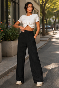 Pantalon long AARA Fashion pour femme, taille mi-haute, coupe droite, jambe large, tricoté, plissé devant, à enfiler, côtelé, 95% polyester, coupe classique - Product Image 2