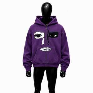 Sudadera con capucha y cremallera completa personalizada con arte facial morado, estilo urbano oversize, gráfico, unisex, moda casual - Product Image 1