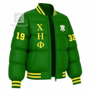 Veste matelassée personnalisée Chi Eta Phi avec logo brodé sur le devant, couleur vert et jaune, manches longues, pour femme. - Product Image 2