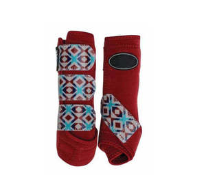 Protège-tendons MH pour chevaux, bleus avec motif géométrique rouge, protections en tissu pour les jambes, pour usage équin, type botte médicale - Product Image 2