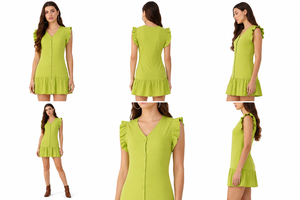 Sustainable Bohemian Mini Modal Cotton <b>Dress</b> Breathable Soft <b>Ruffle</b> Hem V-Neck Button-Up Summer <b>Dress</b> - Product Image 4