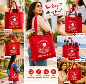 Red <b>Canvas</b> <b>Tote</b> Bag With Mountain Print Go Where You Feel Most Alive Design For Shopping And Everyday Use - Product Image 3