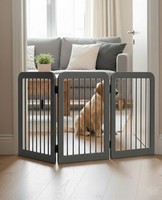 Porte pour animaux de compagnie moderne de luxe en bois et acier inoxydable avec revêtement en poudre |   Clôture pliable autoportante pour chat, mobilier d'intérieur haut de gamme |