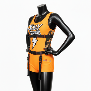 ชุดว่ายน้ำโพลีเอสเตอร์สแปนเด็กซ์คุณภาพสูง สีส้ม แต่งแถบสีดำ พร้อมโลโก้แบบซับลิเมชั่นตามสั่ง สำหรับผู้หญิง - Product Image 5