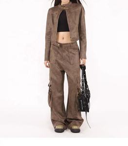 Women <b>High</b> <b>Waist</b> <b>Cargo</b> Pants PU Material Loose Fit Full Length Solid Color Utility Style Autumn Wear With Pockets - Product Image 1