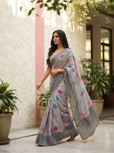 Sari en rayonne gris imprimé numériquement avec des pois colorés et une bordure dorée pour femmes, tenue décontractée traditionnelle Inde Pakistan - Product Image 2
