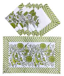 Juego de Manteles Individuales de Algodón Estampado a Mano con Diseño Floral y Borde Verde, Paquete de 6, Textil para el Hogar, Tejido Ecológico - Product Image 5