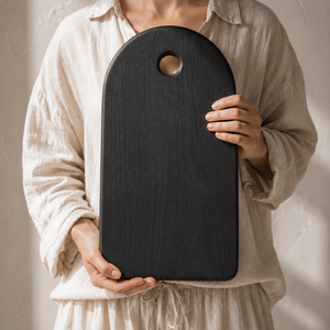 Sleek Matte <b>Black</b> Wooden Chopping <b>Board</b> Features Elegant Arched shaped Silhouette Top Integrated Hanging Hole For Cutting vegies - Product Image 5