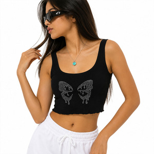 Trendy Women Ribbed Luxury Rhinestone Butterfly Crop Tank <b>Top</b> Trendy Slim Fit Sleeveless Streetwear Women's Shirts Manufacturer - Product Image 1