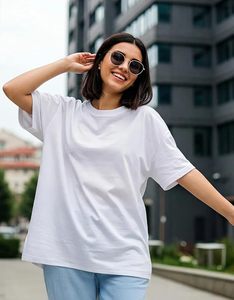 T-shirt pour femme en coton pur, coupe ample et oversize, manches courtes, épaules tombantes, col rond uni - Product Image 2