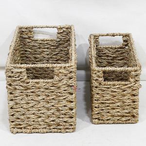 Natural Rustic Seagrass Woven Eco-Friendly Storage <b>Basket</b> Set <b>Rectangular</b> Shelf Organizer Bins with Built-in Handles - Product Image 5
