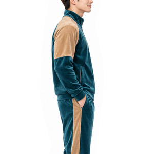 Ensemble de survêtement en velours pour homme, veste zippée à col montant, empiècements contrastants aux épaules, pantalon large, deux pièces, tenue décontractée - Product Image 6