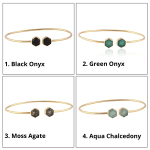 Bracelet ajustable en laiton plaqué or 18 carats avec onyx noir vert, agate mousse et calcédoine, coupe hexagonale, pour femme - Product Image 1