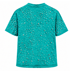 Unisex Teal Blue Pearl Decorated T <b>Shirt</b> Fashionable Round Neck Short Sleeve Pearl <b>Studded</b> Tee for Streetwear and Everyday - Product Image 1