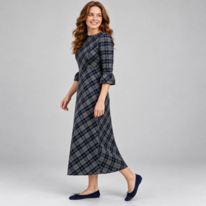 Vestido midi acampanado a cuadros azul marino y gris para mujer con mangas con volantes - Product Image 5