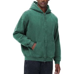 Sweat à capuche zippé vert délavé pour homme, style streetwear, coupe ample, épaules tombantes, effet usé, en coton doux et épais - Product Image 2