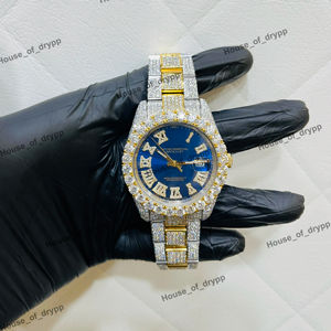 Reloj de Lujo con Diamantes Moissanite y Esfera Azul para Hombre, Estilo Hip Hop con Fecha y Caja de Acero Inoxidable, Reloj Impresionante - Product Image 1