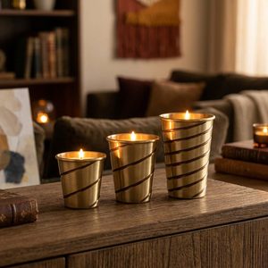 Bougeoir en laiton fait main de 12 cm, bronze brossé écologique, spirale Bhanwar, trio imbriqué pour la décoration intérieure, les hôtels et les mariages - Product Image 2