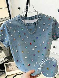 Denim <b>Sequined</b> Embellished Crew Neck Short Sleeve T-Shirt Regular Fit Casual Summer <b>Top</b> Natural Waist Sweet Style - Product Image 4