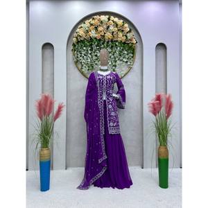 Ensemble haut et bas en mousseline de soie pour femme, taille XL, couleur violette, pour soirée, avec dupatta - Product Image 2