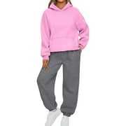 Ensemble deux pièces streetwear pour femmes grandes tailles, à capuche, imprimé uni, coupe droite, épaules tombantes, couleurs contrastées, fabriqué au Pakistan - Product Image 4